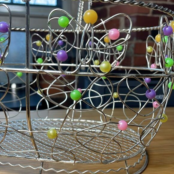 Metal Basket w/Multicolored Beads and Swirl Designs (Perfect for Easter) - Picture 5 of 15